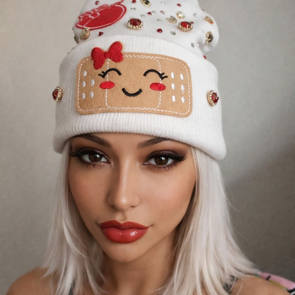 Nurse Beanie White design with Heart, Band-aid‎ and red, clear, black rhinestone